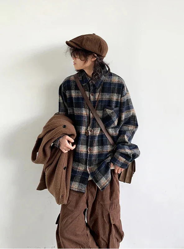 Y2K cozyプレイドウール長袖シャツ