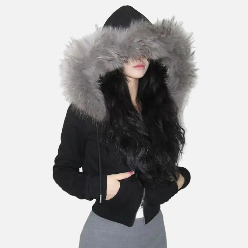 Cozy Patchwork Furry Zipper Hooded Sweatshirt