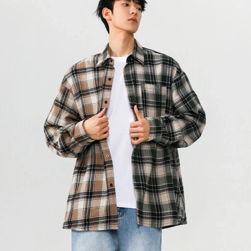Chemise longue en coton patchwork à carreaux bicolores style streetwear