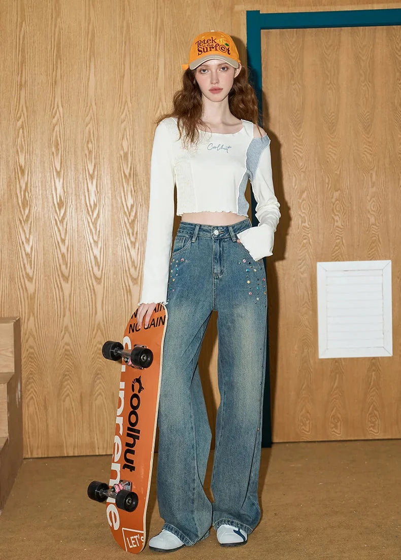 Durable Y2K Beaded High Waist Flare Jeans