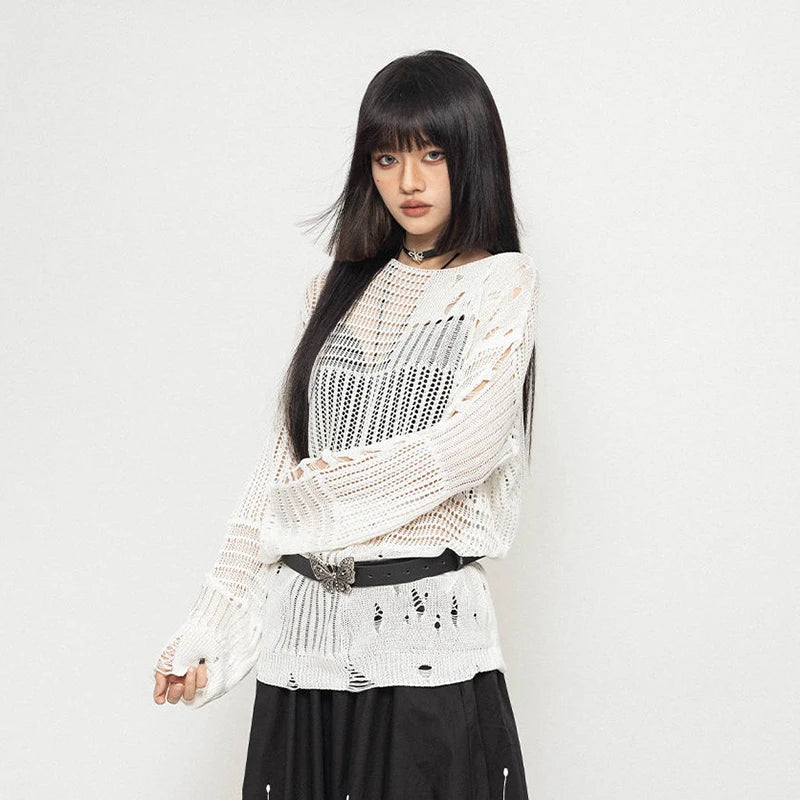 Y2K Oversize-Strickpullover mit Lochmuster