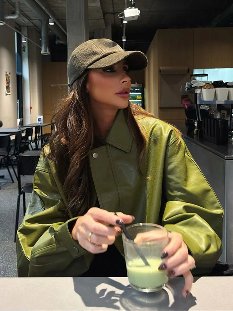 Women Casual Chic Green Lapel Collar PU Leather Jacket