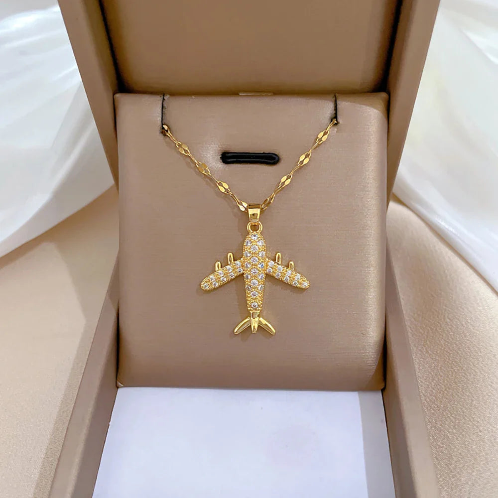 Golden Zircon Aircraft Pendant Necklace