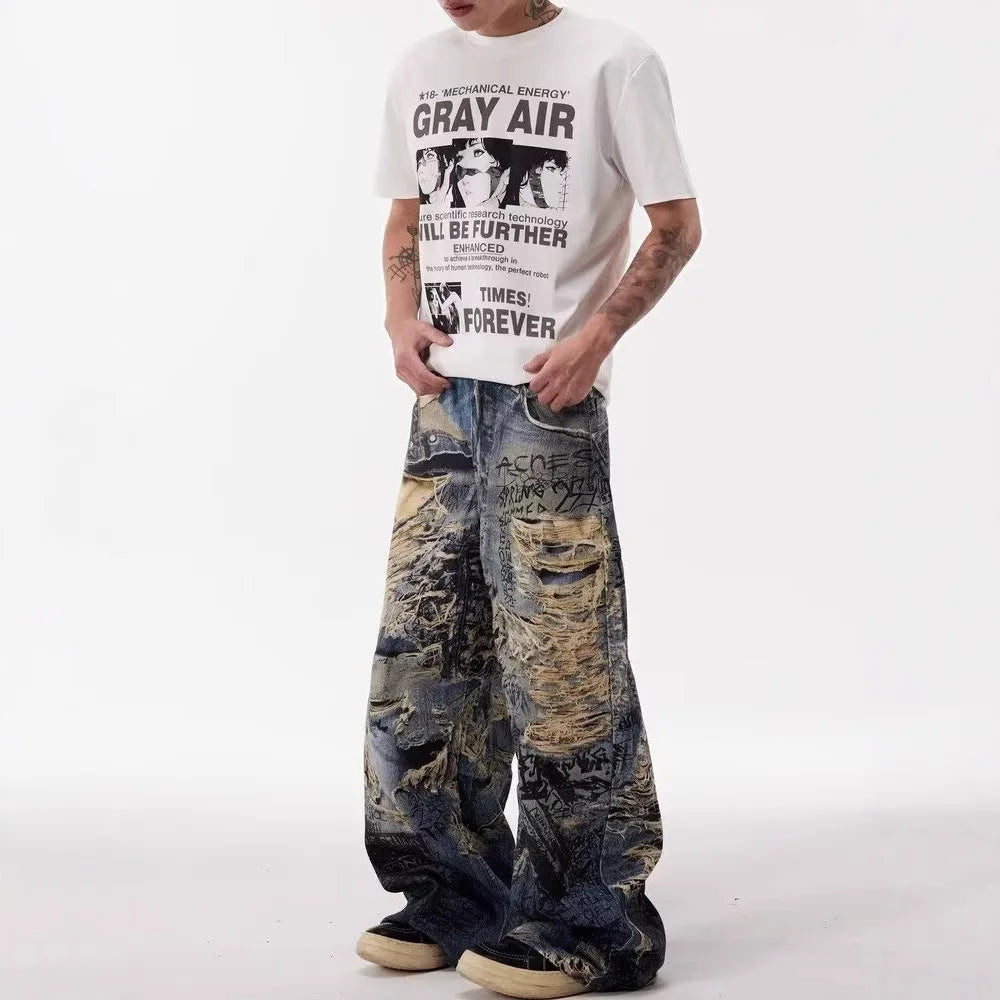 Retro-Jeans mit 3D-Druck, coolen Rissen und weitem Bein