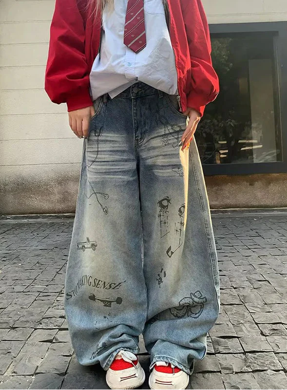 Y2K Strapazierfähige Streetwear Gothic Wide Leg Jeans