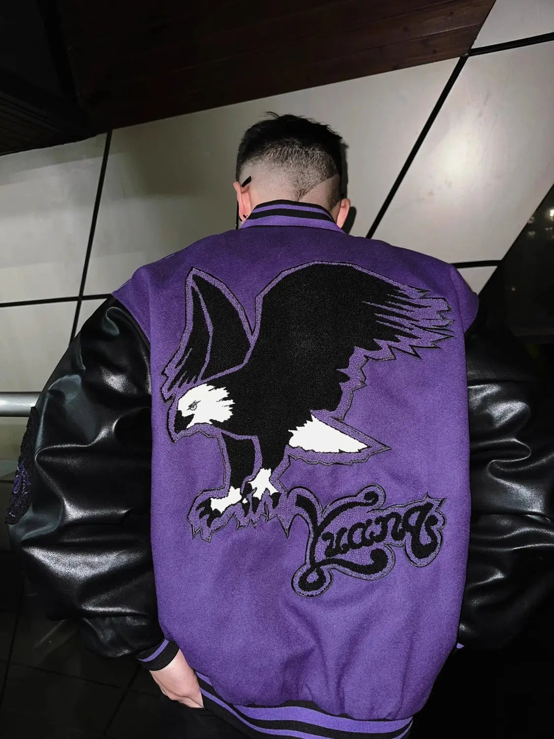 Retro Hip Hop Eagle Pattern Varsity Leather Jacket
