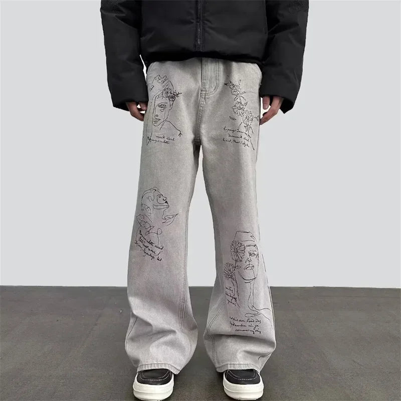 Distressed American Retro Graffiti Graphic Denim Jeans