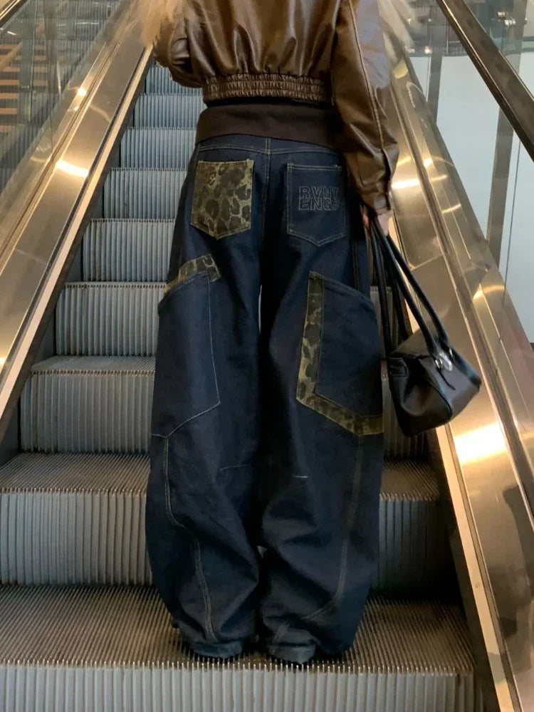 Chic Leopard Spliced Hip Hop Cargo Jeans