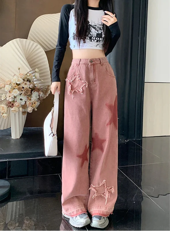 Damen-Jeans mit hohem Bund und Sternen- und rosa Buchstabenprint