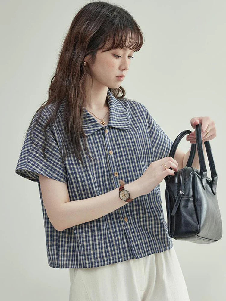 Blouse ample d'été à carreaux vintage style streetwear pour femme