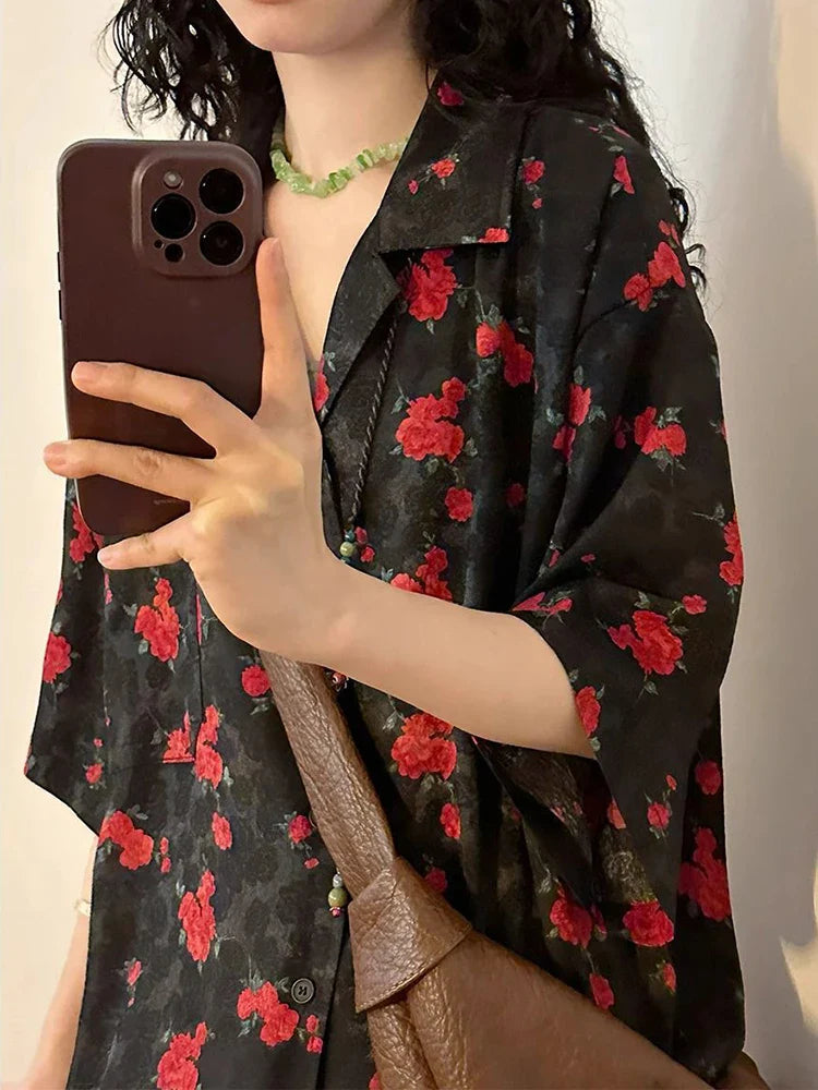 Chemisier ample à imprimé floral style japonais vintage pour femme