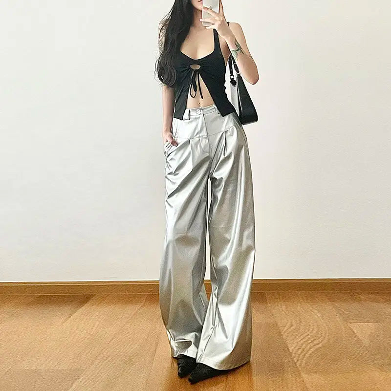 Y2K Women Streetwear Hip Hop Silver Leather Pants