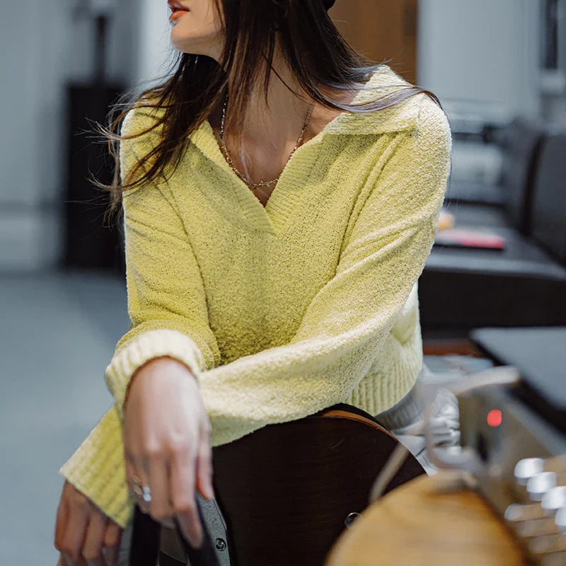 Yellow Ribbed Cropped Knitwear Sweater