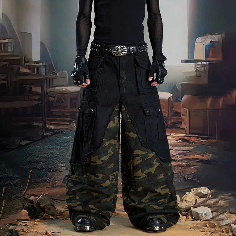 Streetwear Camouflage Splicing Wide Leg Cargo Jeans