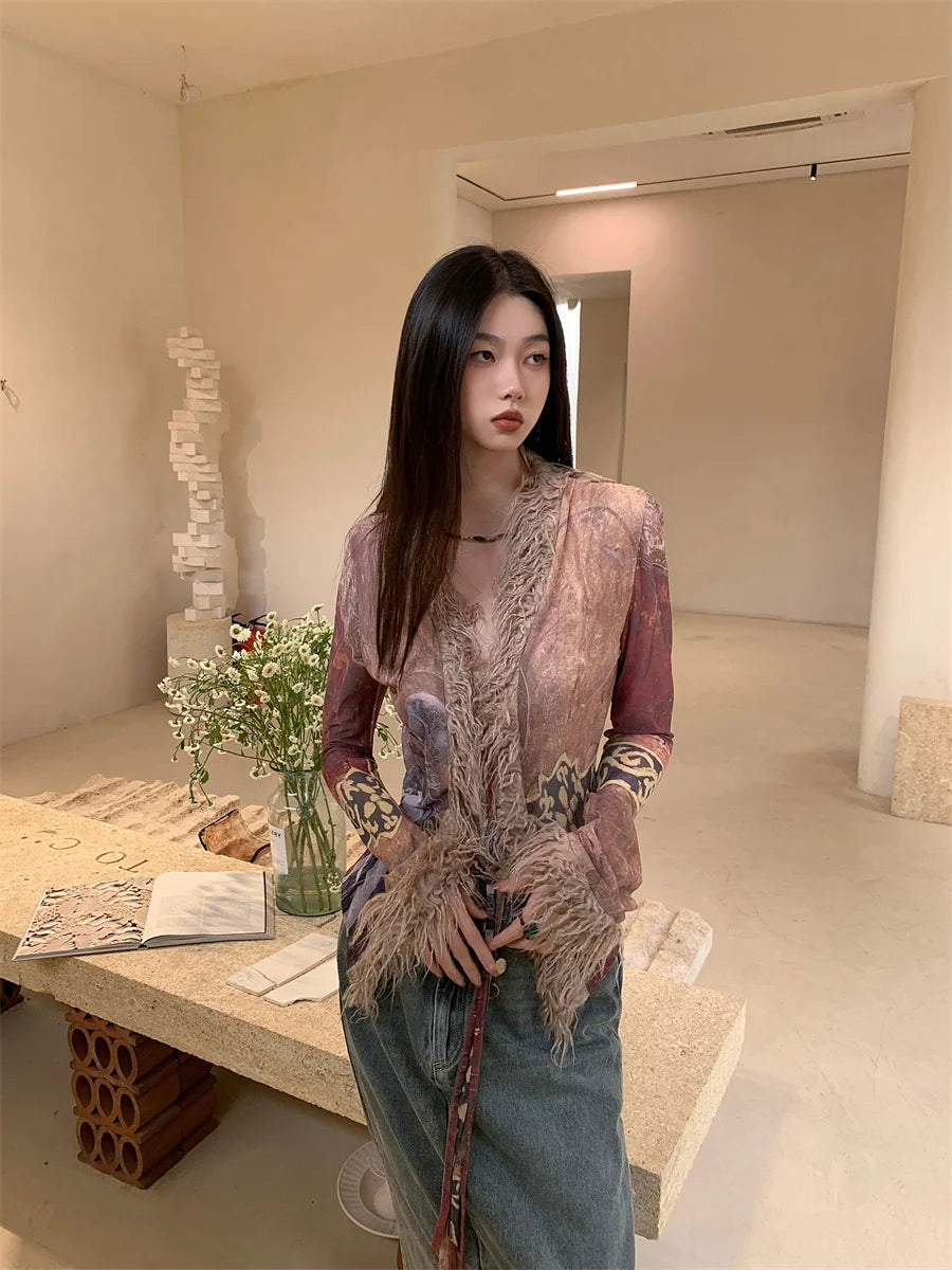 Y2K Fur Collar Mesh Cardigan