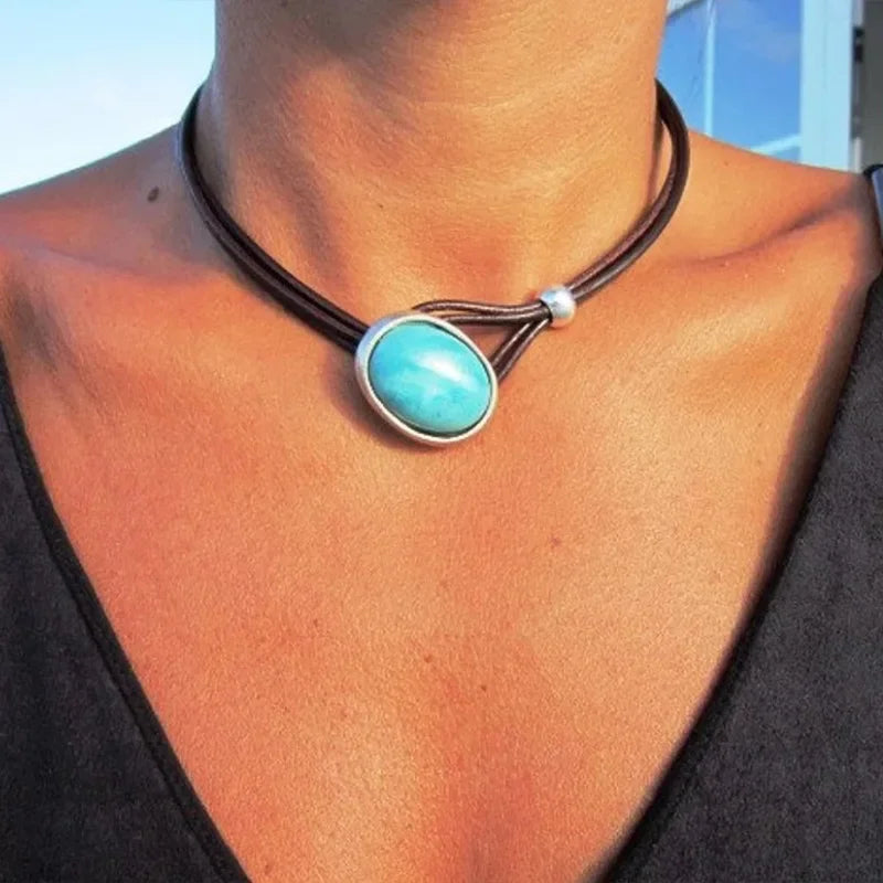 Bohemian Vintage Oval Stone Leather Necklace