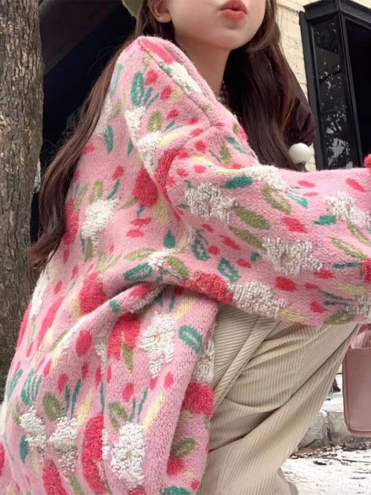 Soft Girl Floral Knit Buttoned Sweater