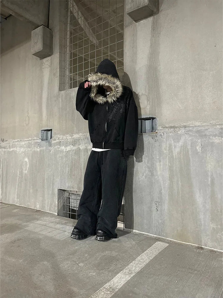 Y2K Faux Fur Collar Zip-Up Hoodie