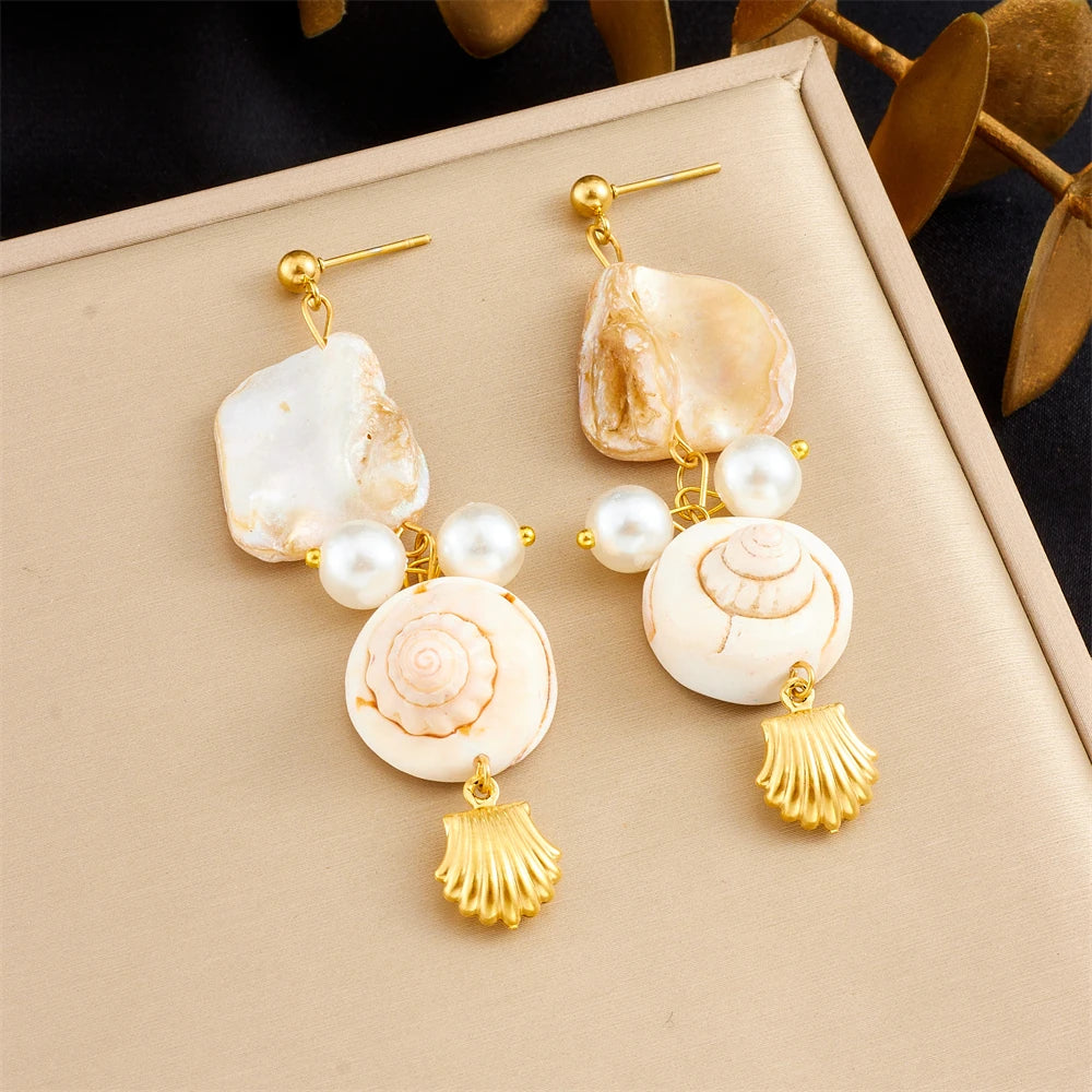 Irregular Stone Conch Pearl Earrings