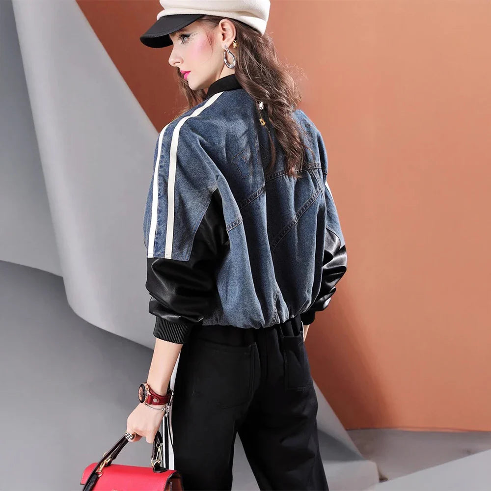 Autumn Loose Patchwork Denim & Leather Jacket
