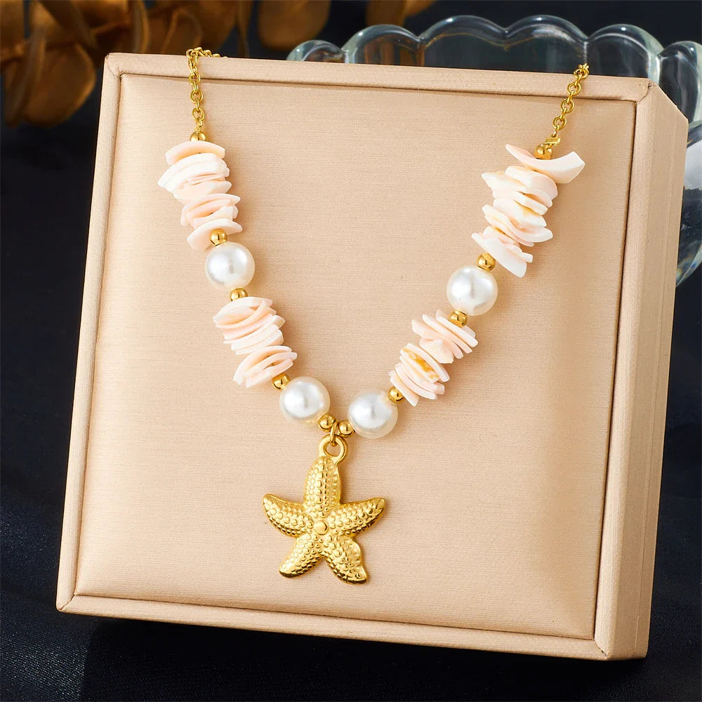 Golden Starfish Shell Pearl Pendant Necklace