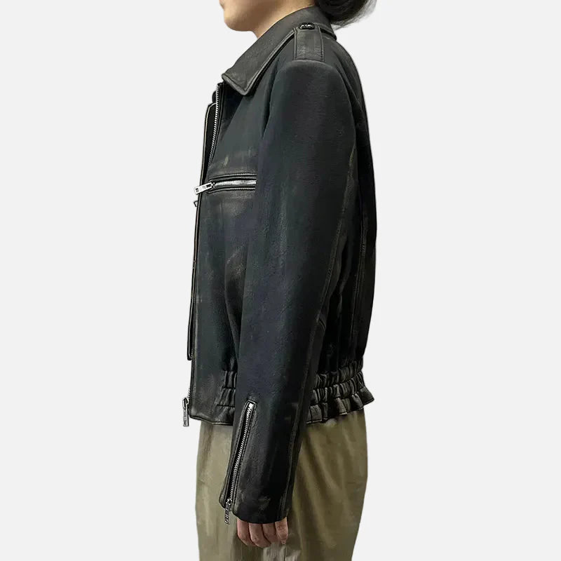 Echtlederjacke aus Lammfell im Used-Look mit Reißverschluss