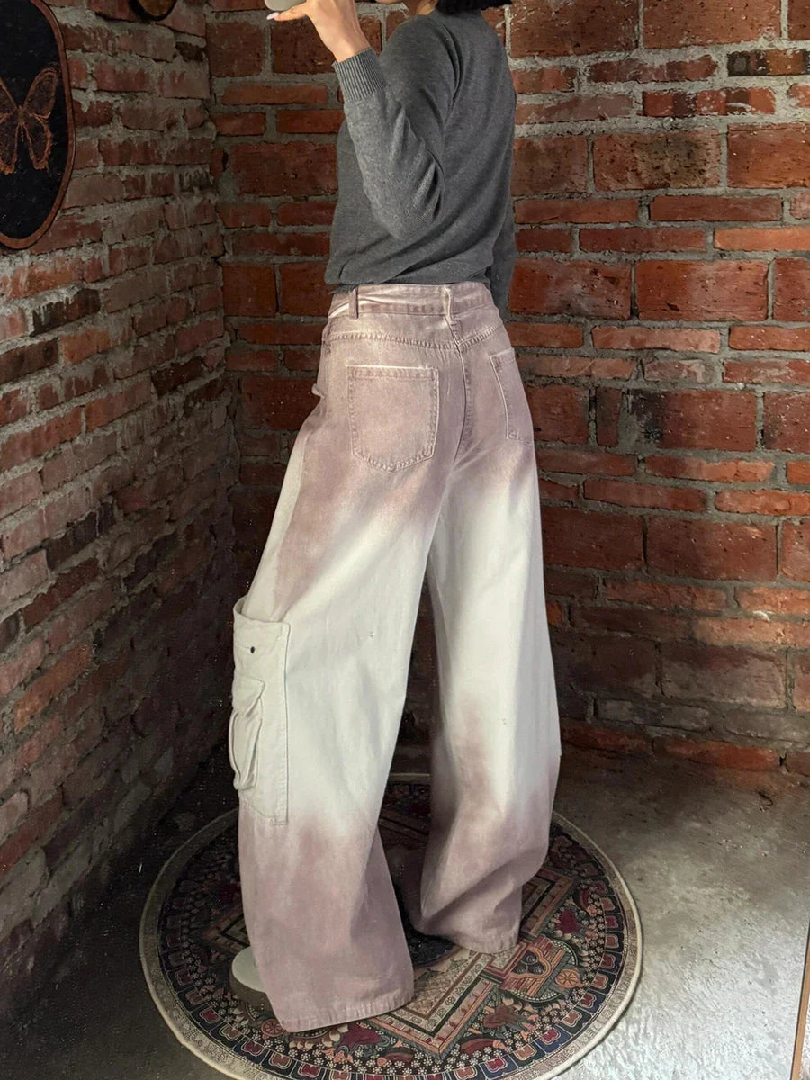 Durable High Waist Raw Edge Wide Leg Cargo Jeans