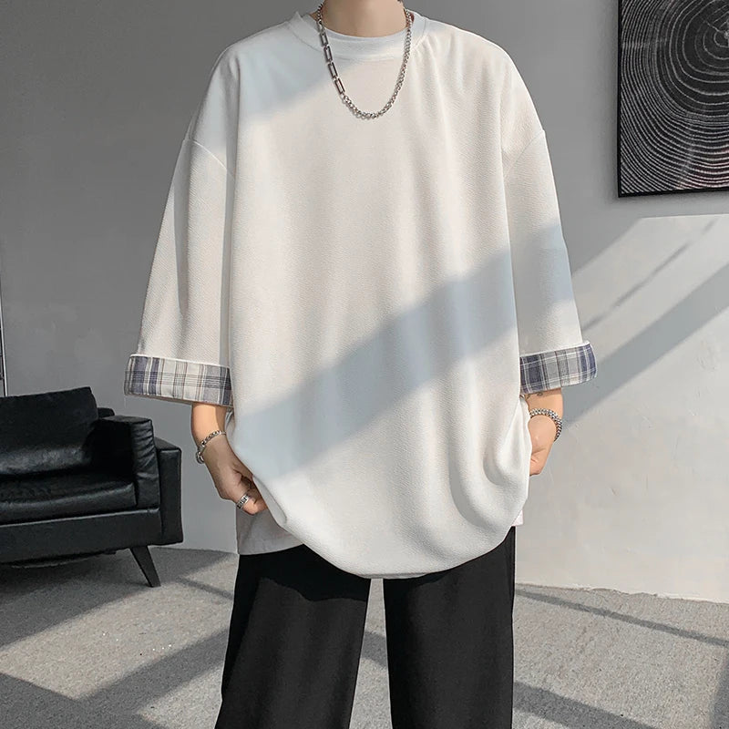 멋스러운 오버사이즈 체크무늬 한국 스타일 티셔츠
