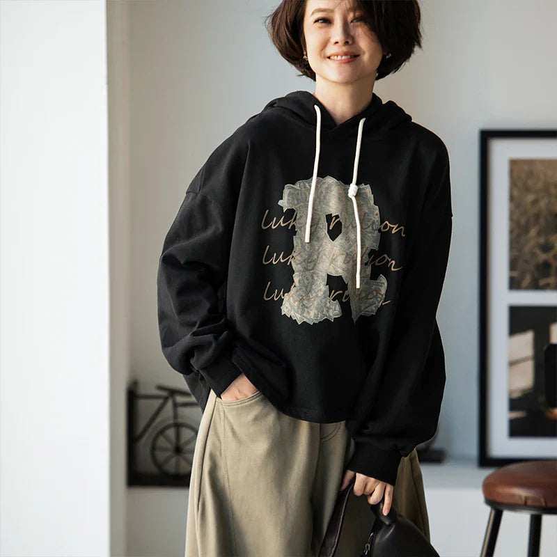 Korean Style Letter Print Black Hoodie