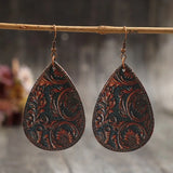 Retro Tan Leather Carved Dangle Earring