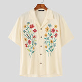 Flower Embroidered Lapel Casual Short Sleeve Shirt