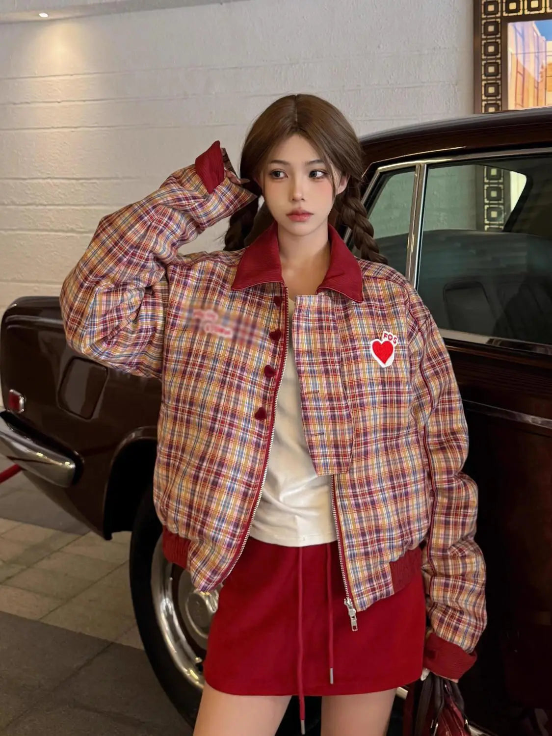 Retro Checkered Patchwork Loose Varsity Jacket