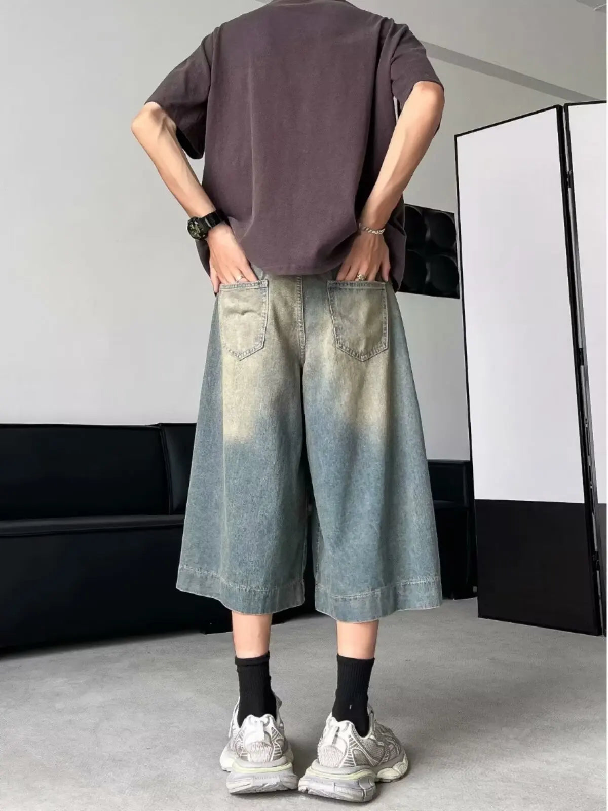 American Men Style Vintage Korean Style Wide Leg Jorts
