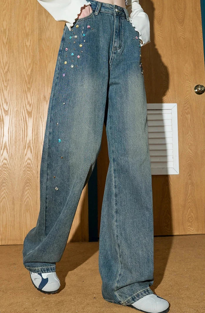 Durable Y2K Beaded High Waist Flare Jeans