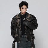 Streetwear Retro Used-Look Schwarze Lederjacke