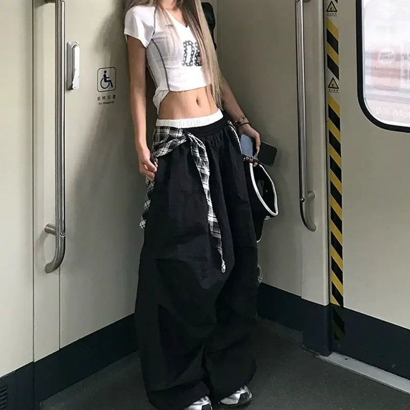 Black Plaid Wide Cargo Pants