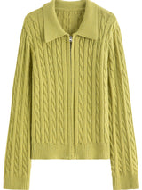 Soft Waxy Knitted Turn-Down Collar Zipper Cardigan