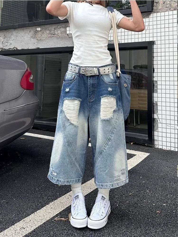 Y2K Streetwear High Waist Ripped Denim Jorts