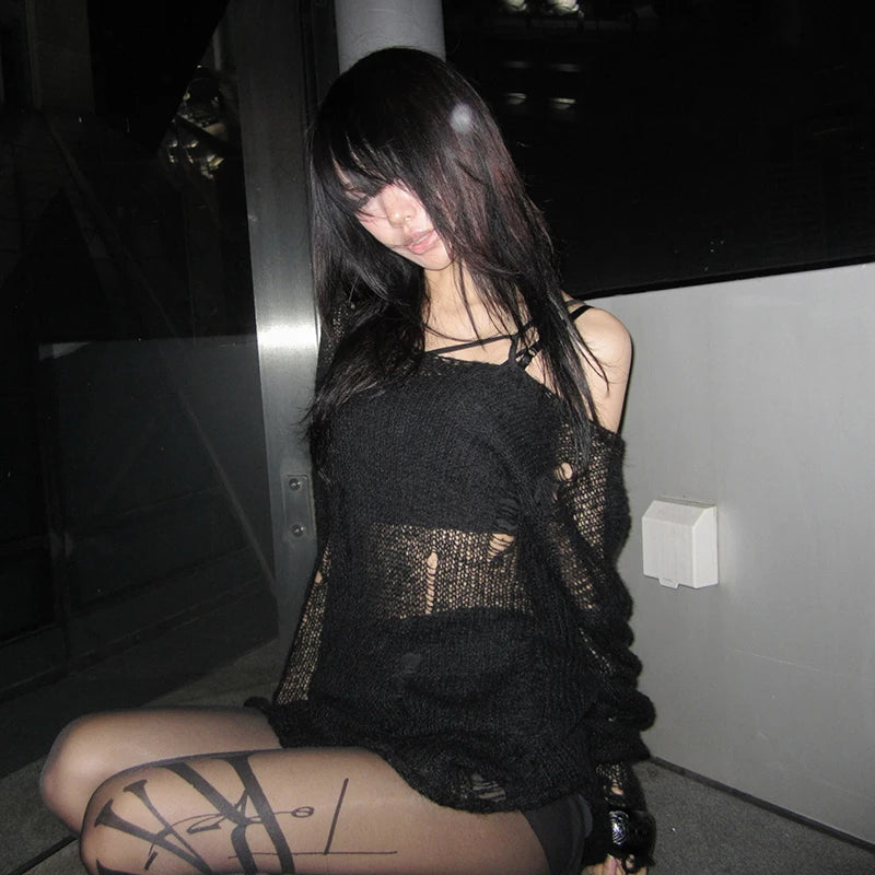 Grunge Y2K Hollow Out Off-Shoulder Women's Sweater