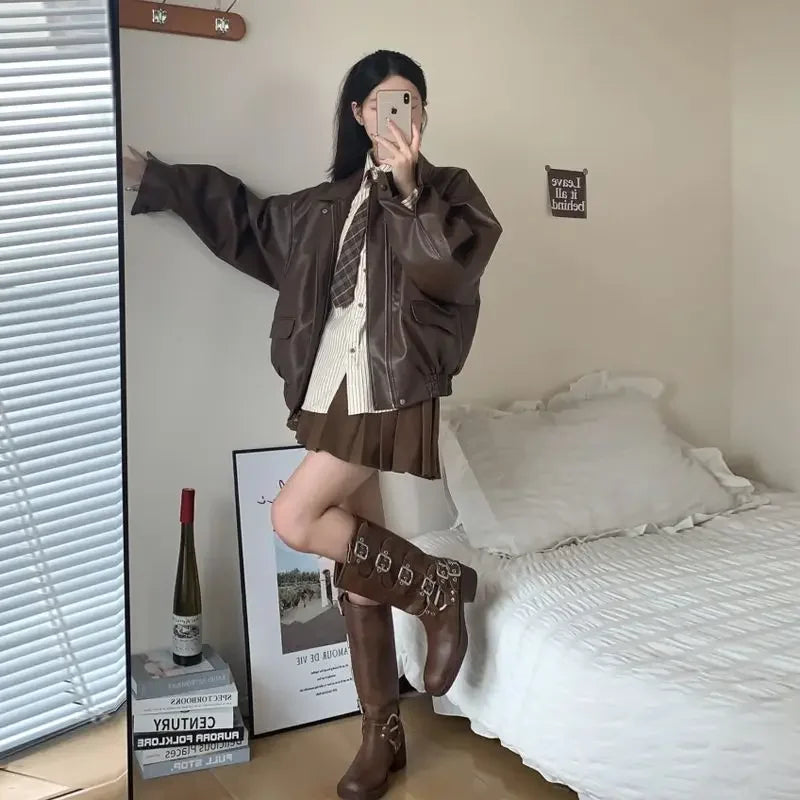 レディースヴィンテージブラウンジッパーレザージャケット