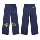 Effortless Blue Flower Daisy Wide Leg Denim Jeans