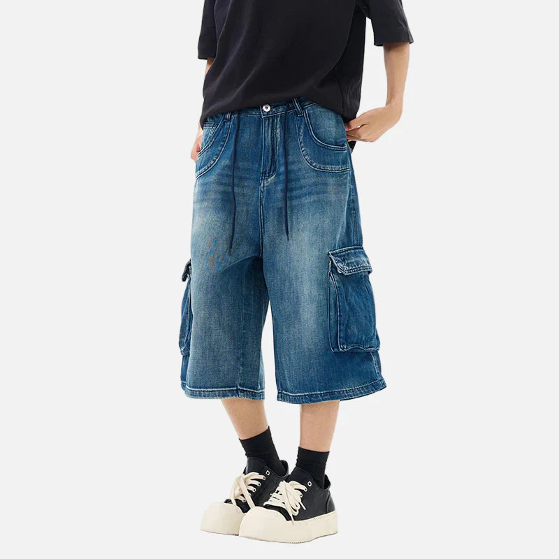 Distressed Loose Fit High Street Denim Cargo Jorts