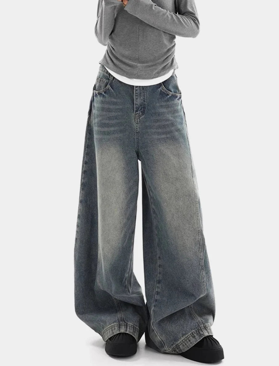 Streetwear Retro Washed Distressed Wide Leg Jeans