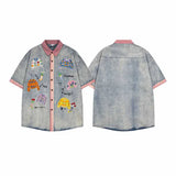 Chemise en jean délavé rétro et respirante à boutons