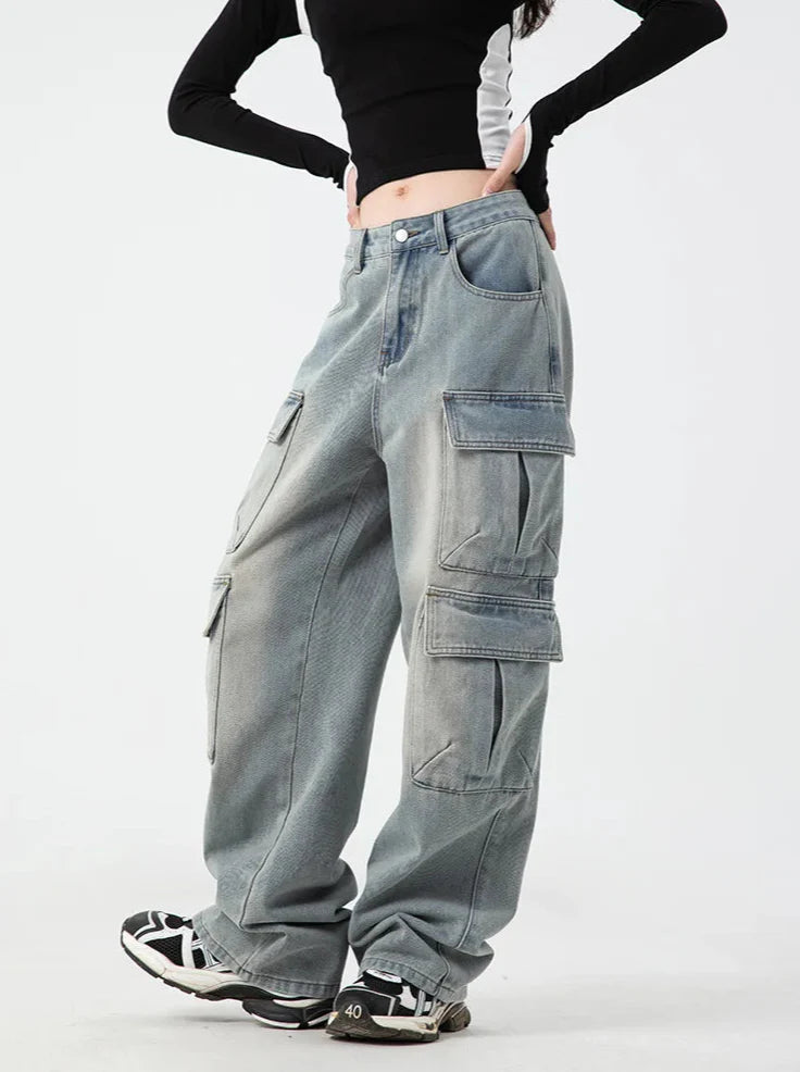 Timeless Fit Washed Denim Wide Leg Cargo Jeans