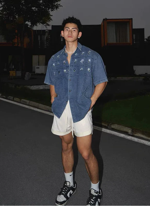 Chemise en jean brodée à manches courtes pour homme