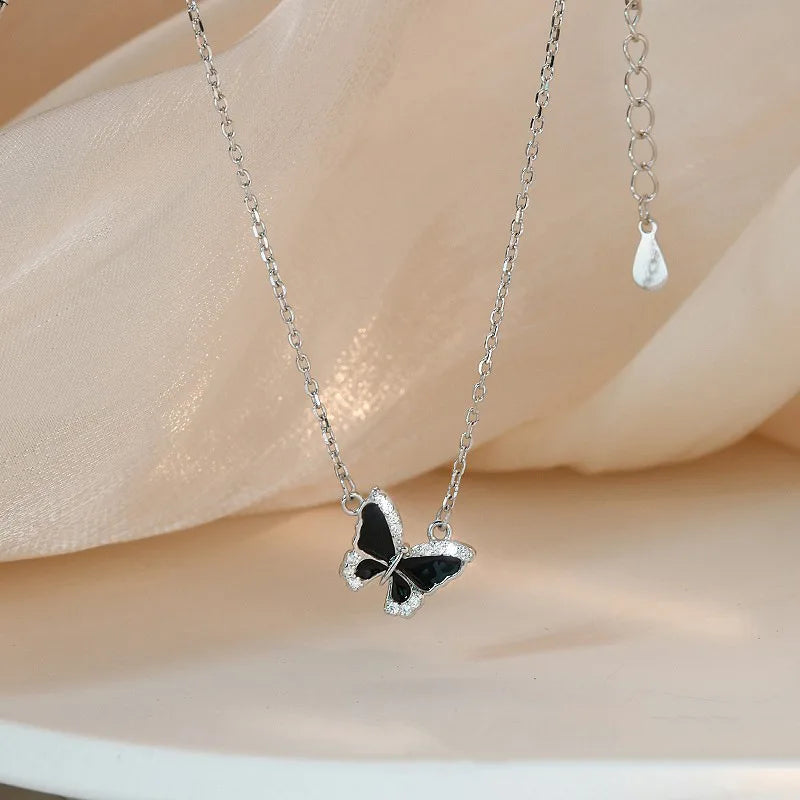 Elegant Silver Black Butterfly Necklace