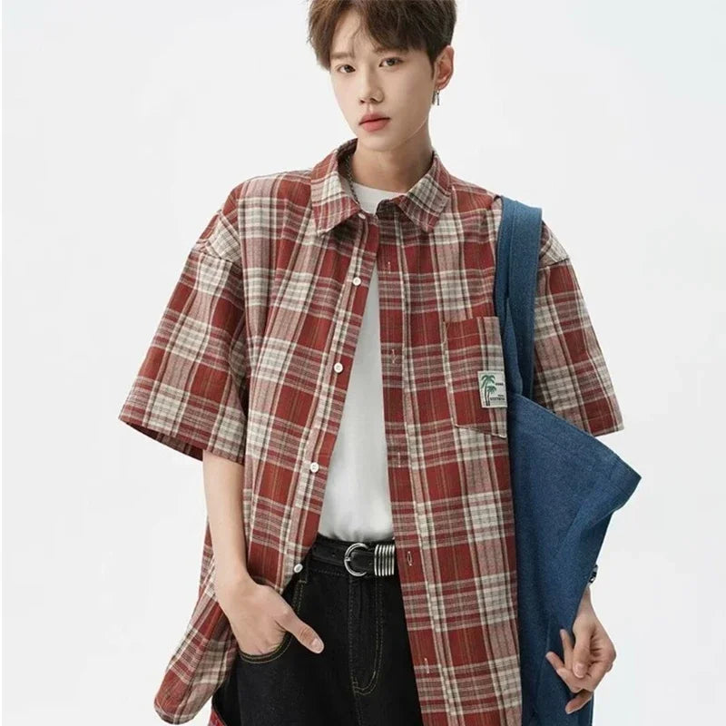 Chemise vintage à carreaux pour homme, manches courtes, poche