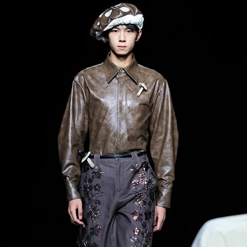 Chemise en cuir texturé à manches longues effet froissé style punk rock