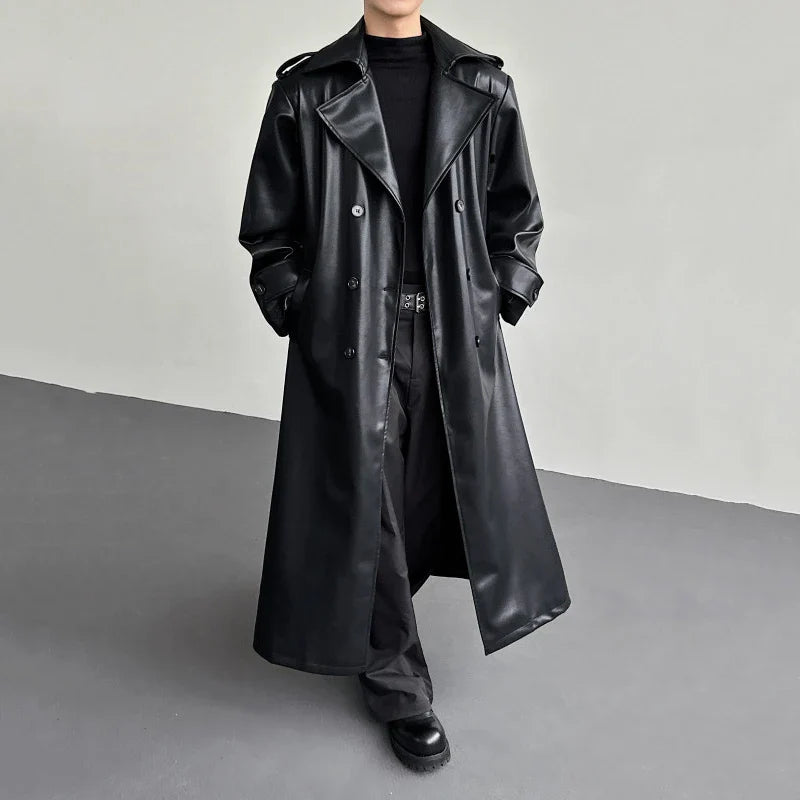 Stylish Black Leather Double Breasted Coat